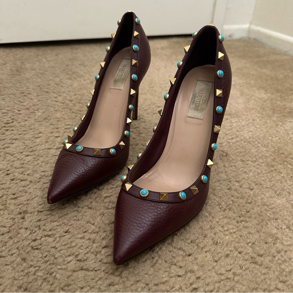 Valentino Burgundy Heels with Gold and Turquoise Accents